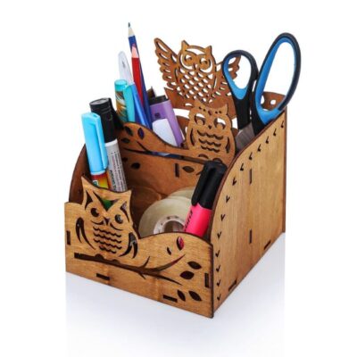 Owl Wooden Desktop Organizer Office Supplies Storage Rack