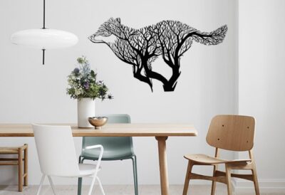 Wolf runs with tree