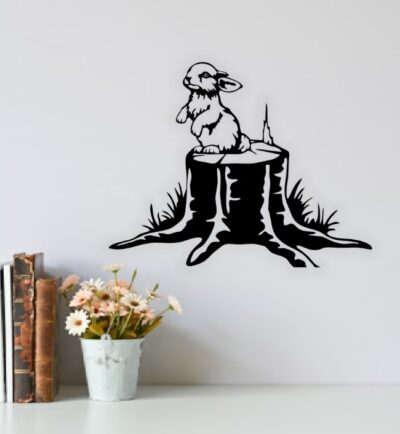 Rabbit on a tree stump wall decor