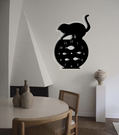 Naughty Cat Fish Tank Modern Wall Clock Home Decor